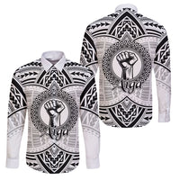 Aiga Samoa Raised Fist Family Matching Off Shoulder Maxi Dress and Hawaiian Shirt Polynesian Tribal Tattoo Art Family Pride TS04 Dad's Shirt - Long Sleeve White Black - Polynesian Pride