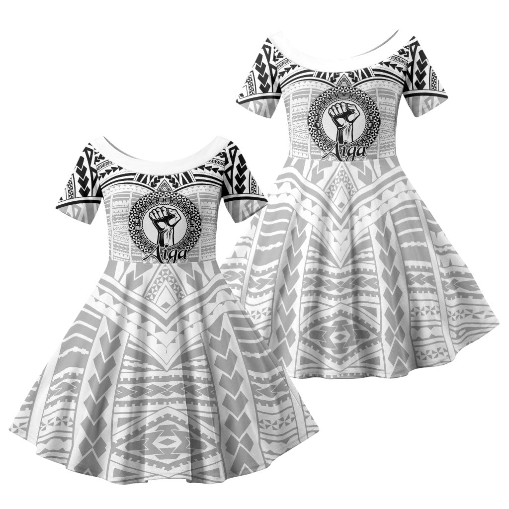 Aiga Samoa Raised Fist Family Matching Tank Maxi Dress and Hawaiian Shirt Polynesian Tribal Tattoo Art Family Pride TS04 Daughter's Dress White Black - Polynesian Pride