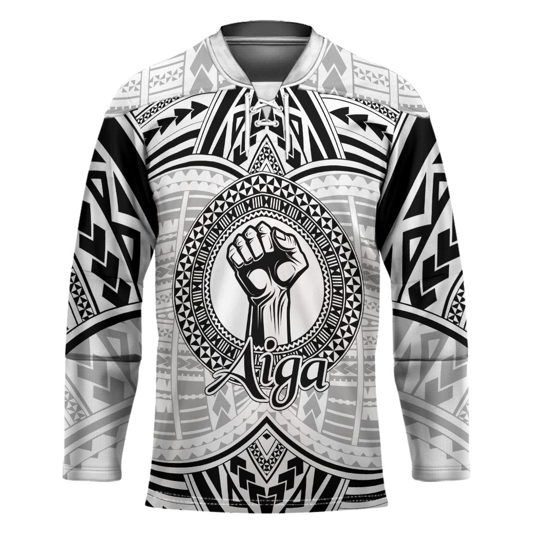 Aiga Samoa Raised Fist Hockey Jersey Polynesian Tribal Tattoo Art Family Pride TS04 Unisex White Black - Polynesian Pride
