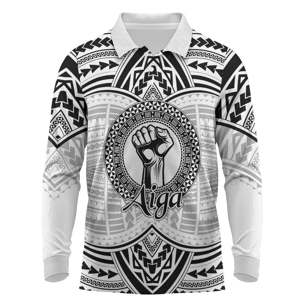 Aiga Samoa Raised Fist Long Sleeve Polo Shirt Polynesian Tribal Tattoo Art Family Pride TS04 White Black - Polynesian Pride