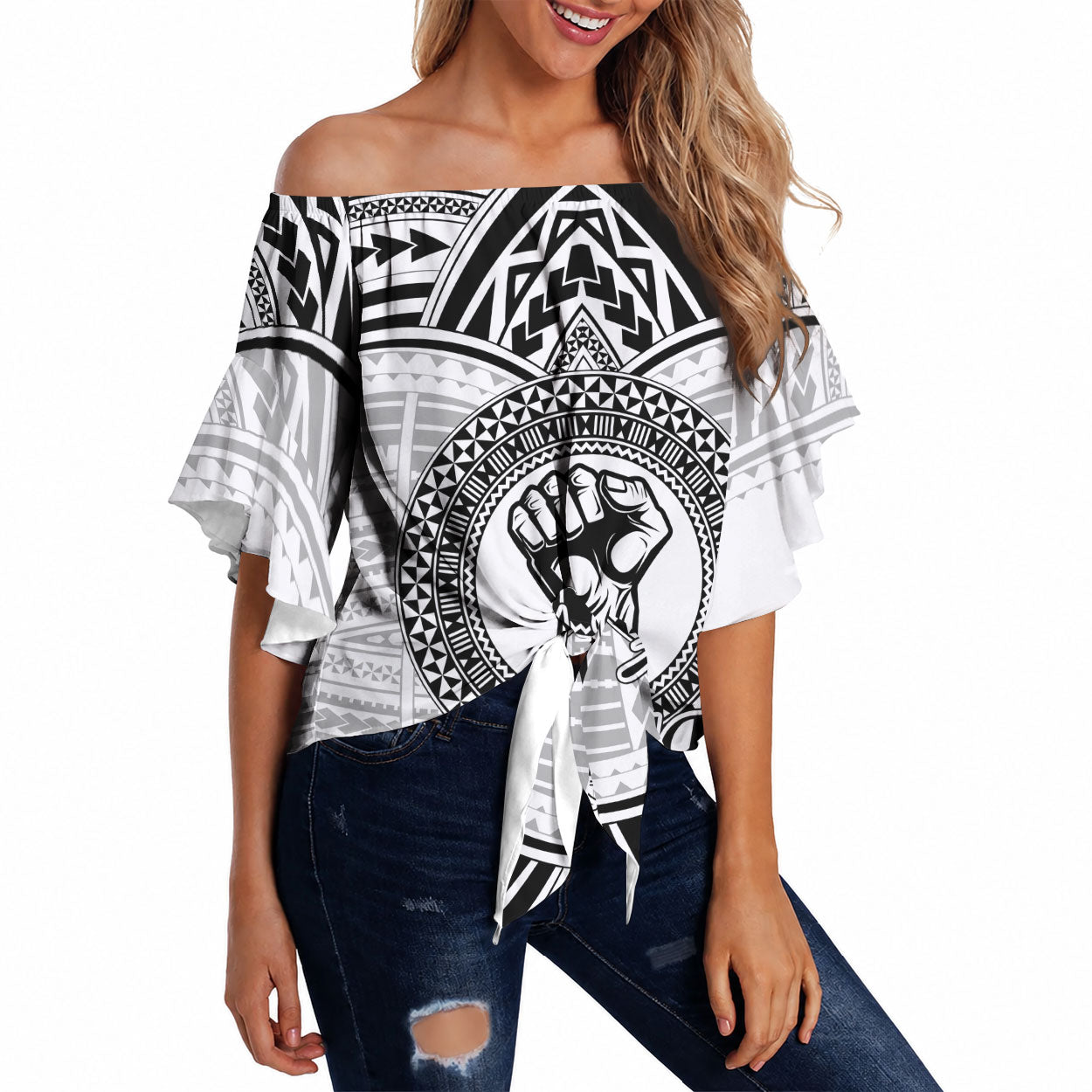 Aiga Samoa Raised Fist Off Shoulder Wrap Waist Top Polynesian Tribal Tattoo Art Family Pride TS04 White Black - Polynesian Pride