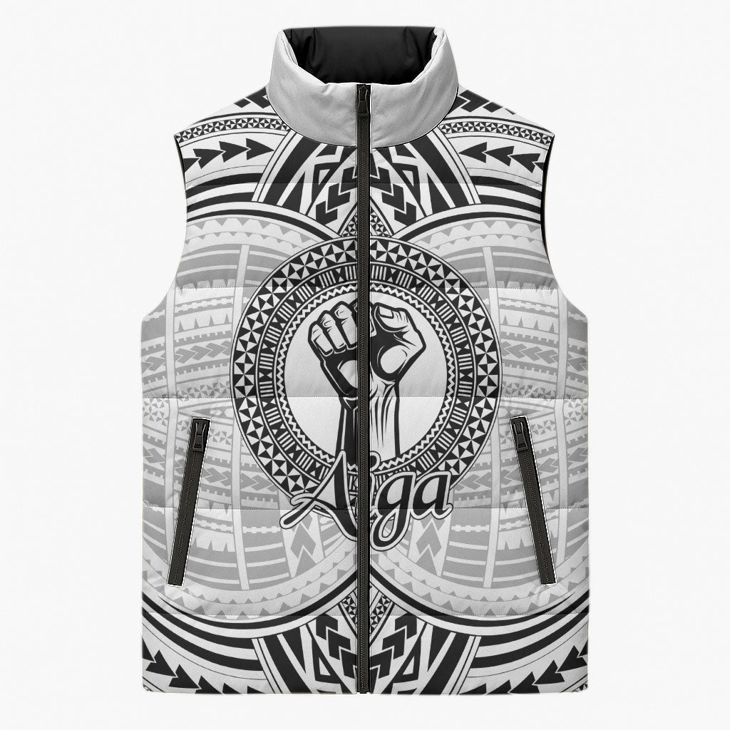 Aiga Samoa Raised Fist Sleeveless Puffer Jacket Polynesian Tribal Tattoo Art Family Pride TS04 Unisex White Black - Polynesian Pride