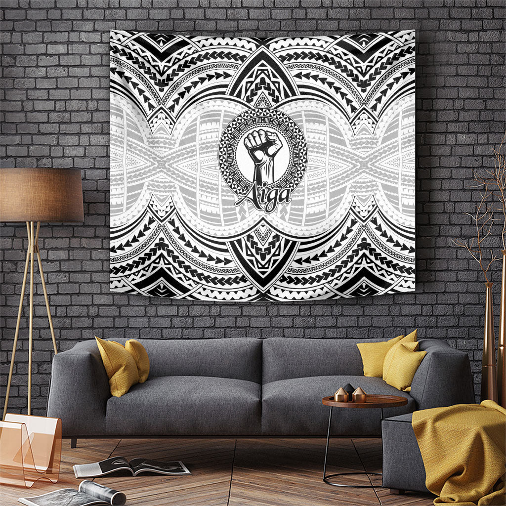 Aiga Samoa Raised Fist Tapestry Polynesian Tribal Tattoo Art Family Pride TS04 White Black - Polynesian Pride