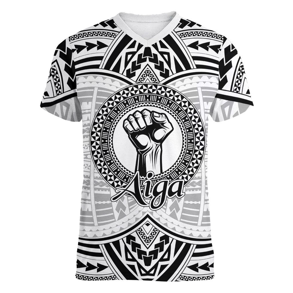 Aiga Samoa Raised Fist Women V-Neck T-Shirt Polynesian Tribal Tattoo Art Family Pride TS04 Female White Black - Polynesian Pride