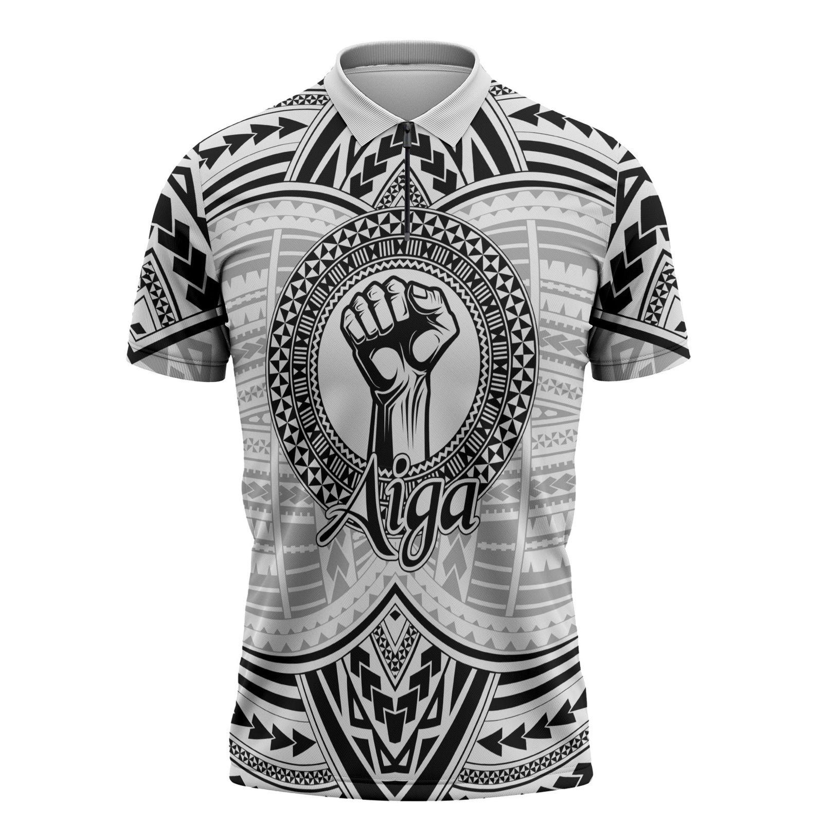 Aiga Samoa Raised Fist Zipper Polo Shirt Polynesian Tribal Tattoo Art Family Pride TS04 White Black - Polynesian Pride