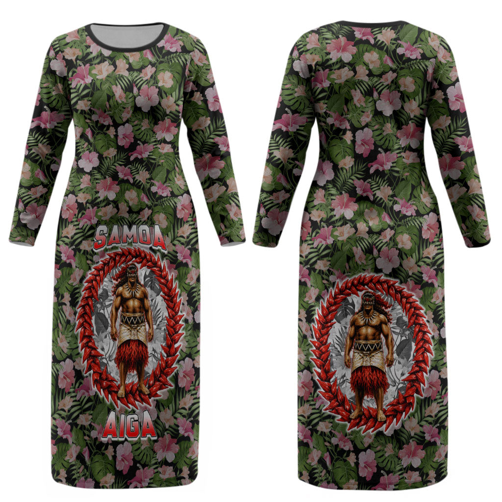 Samoa Aiga Polynesian Couples Matching Long Sleeve Bodycon Dress and Long Sleeve Button Shirt Tropical Floral Hibiscus Pattern Island Heritage TS04 - Polynesian Pride