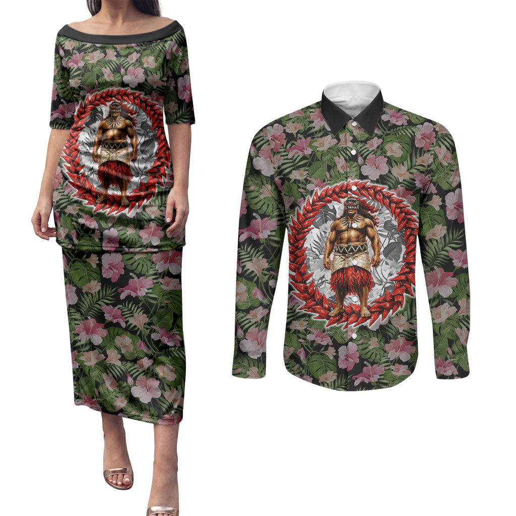 Samoa Aiga Polynesian Couples Matching Puletasi and Long Sleeve Button Shirt Tropical Floral Hibiscus Pattern Island Heritage TS04 Green Red - Polynesian Pride