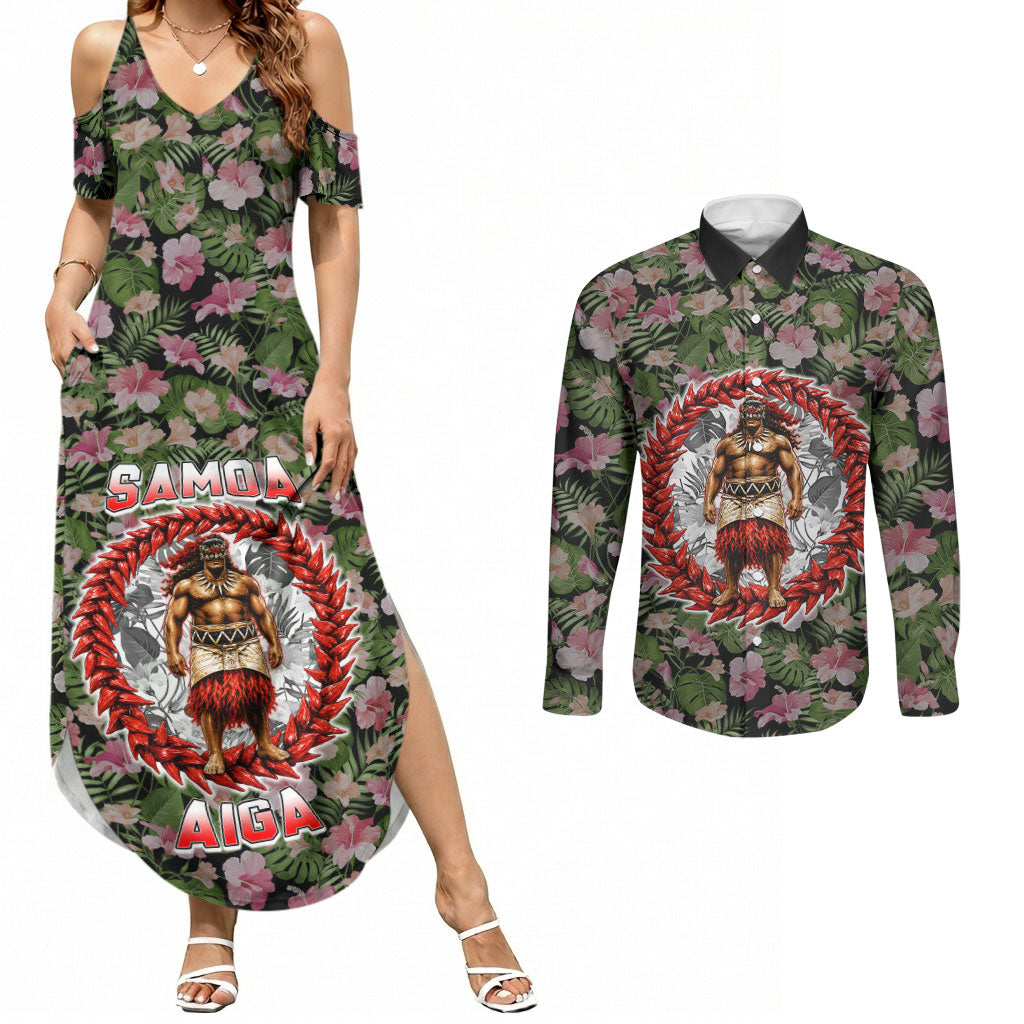 Samoa Aiga Polynesian Couples Matching Summer Maxi Dress and Long Sleeve Button Shirt Tropical Floral Hibiscus Pattern Island Heritage TS04 Green Red - Polynesian Pride