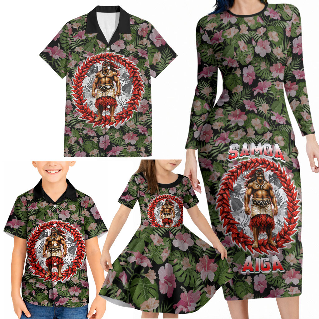 Samoa Aiga Polynesian Family Matching Long Sleeve Bodycon Dress and Hawaiian Shirt Tropical Floral Hibiscus Pattern Island Heritage