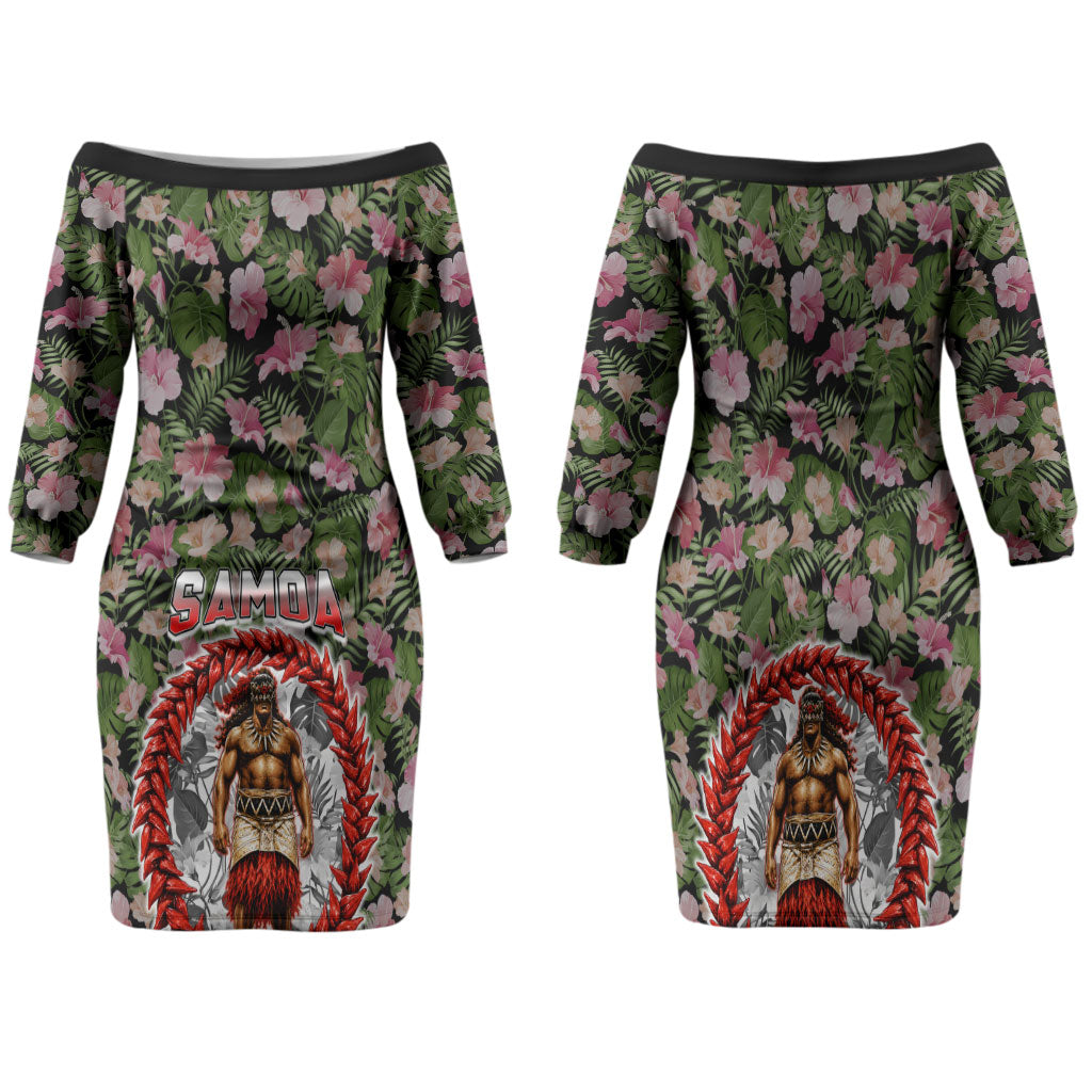 Samoa Aiga Polynesian Family Matching Off The Shoulder Long Sleeve Dress and Hawaiian Shirt Tropical Floral Hibiscus Pattern Island Heritage TS04 Mom's Dress Green Red - Polynesian Pride