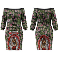 Samoa Aiga Polynesian Family Matching Off The Shoulder Long Sleeve Dress and Hawaiian Shirt Tropical Floral Hibiscus Pattern Island Heritage TS04 Mom's Dress Green Red - Polynesian Pride
