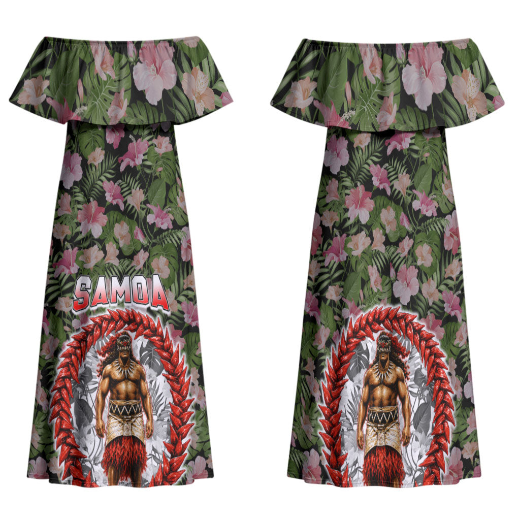 Samoa Aiga Polynesian Family Matching Off Shoulder Maxi Dress and Hawaiian Shirt Tropical Floral Hibiscus Pattern Island Heritage TS04 Mom's Dress Green Red - Polynesian Pride