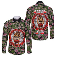 Samoa Aiga Polynesian Family Matching Off Shoulder Maxi Dress and Hawaiian Shirt Tropical Floral Hibiscus Pattern Island Heritage TS04 Dad's Shirt - Long Sleeve Green Red - Polynesian Pride