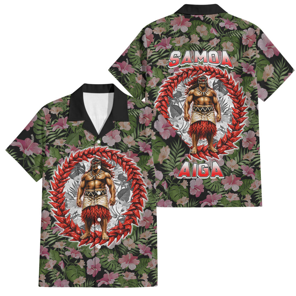 Samoa Aiga Polynesian Family Matching Summer Maxi Dress and Hawaiian Shirt Tropical Floral Hibiscus Pattern Island Heritage TS04 Dad's Shirt - Short Sleeve Green Red - Polynesian Pride
