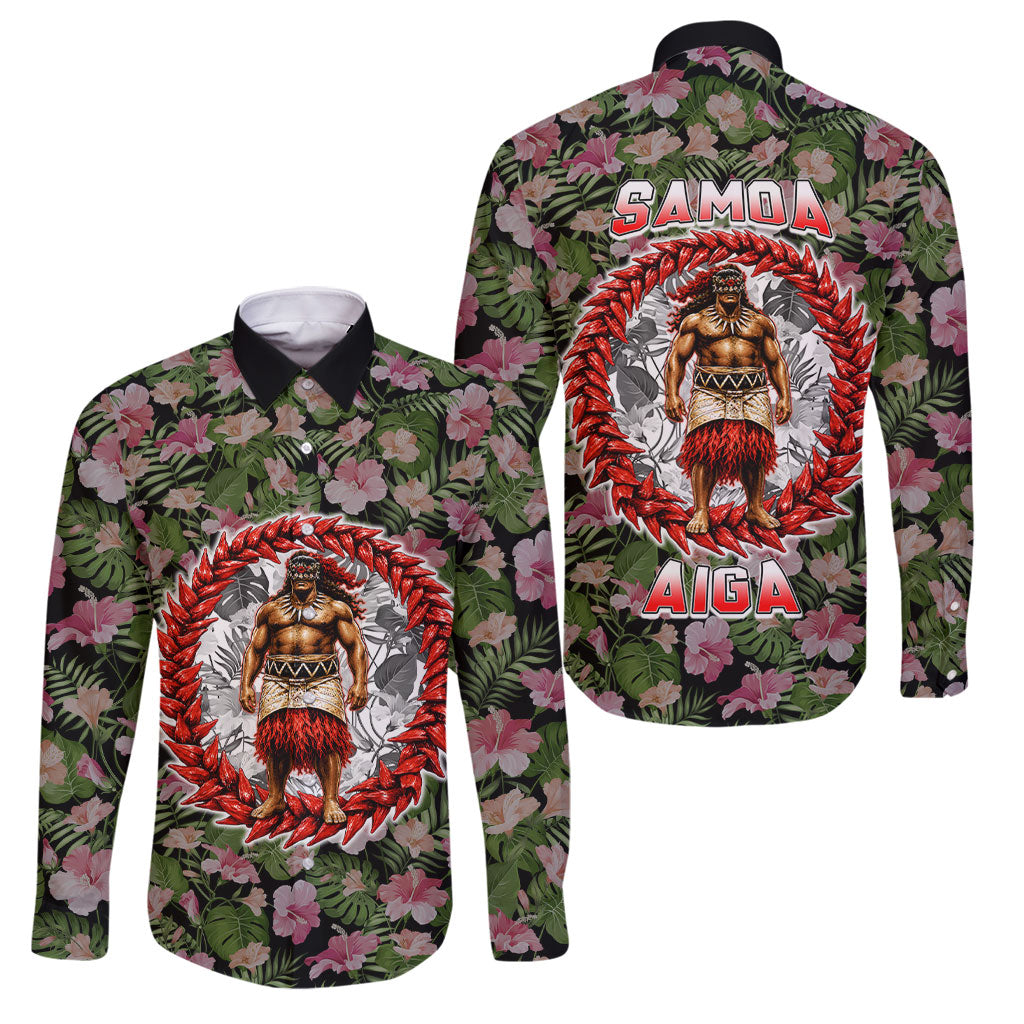 Samoa Aiga Polynesian Family Matching Summer Maxi Dress and Hawaiian Shirt Tropical Floral Hibiscus Pattern Island Heritage TS04 Dad's Shirt - Long Sleeve Green Red - Polynesian Pride