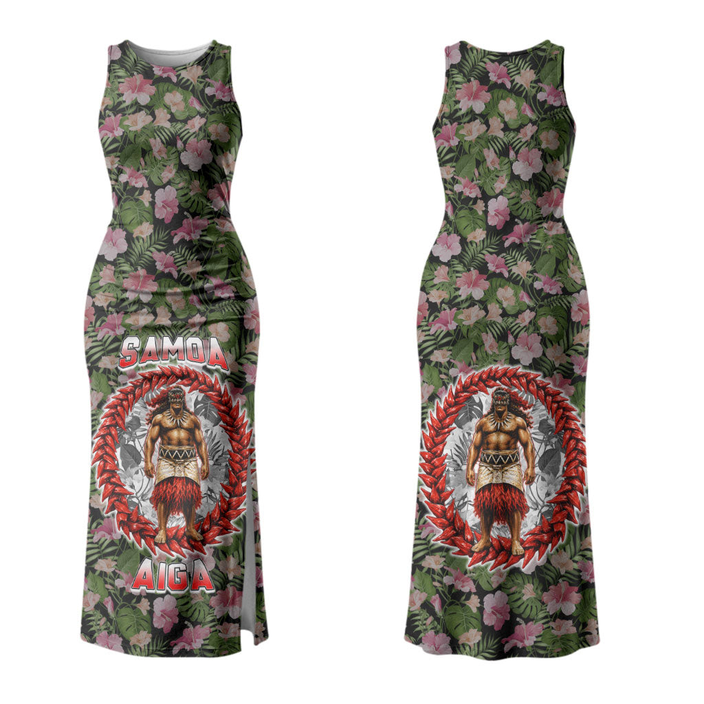Samoa Aiga Polynesian Family Matching Tank Maxi Dress and Hawaiian Shirt Tropical Floral Hibiscus Pattern Island Heritage TS04 Mom's Dress Green Red - Polynesian Pride
