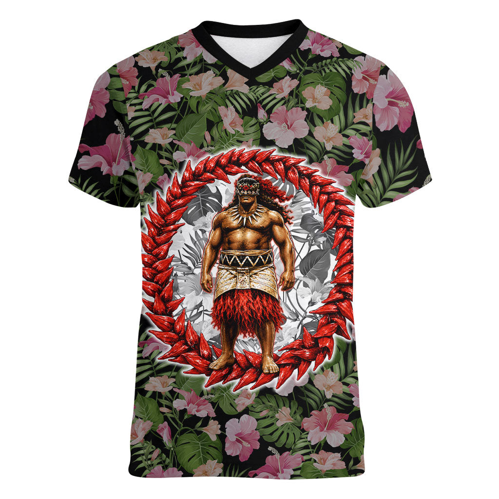 Samoa Aiga Polynesian Women V-Neck T-Shirt Tropical Floral Hibiscus Pattern Island Heritage TS04 Female Green Red - Polynesian Pride