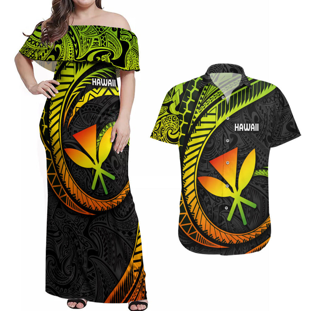 Hawaii Kanaka Maoli Couples Matching Off Shoulder Maxi Dress and Hawaiian Shirt Polynesian Tornado Infusion Gradient TS04 Gradient - Polynesian Pride