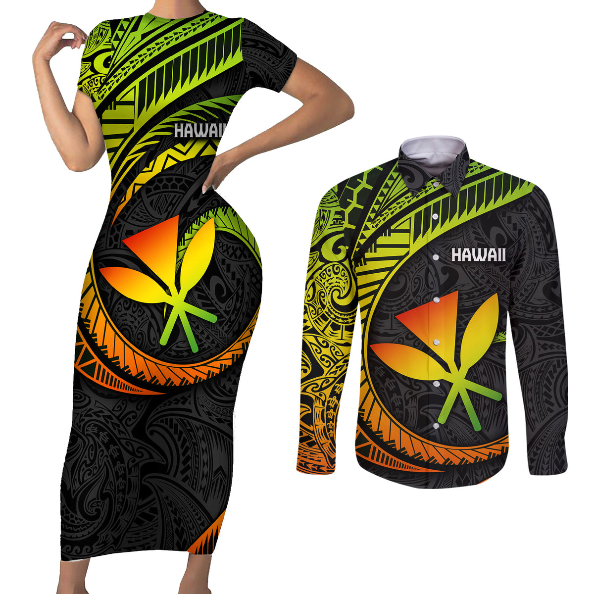 Hawaii Kanaka Maoli Couples Matching Short Sleeve Bodycon Dress and Long Sleeve Button Shirts Polynesian Tornado Infusion Gradient TS04 Gradient - Polynesian Pride
