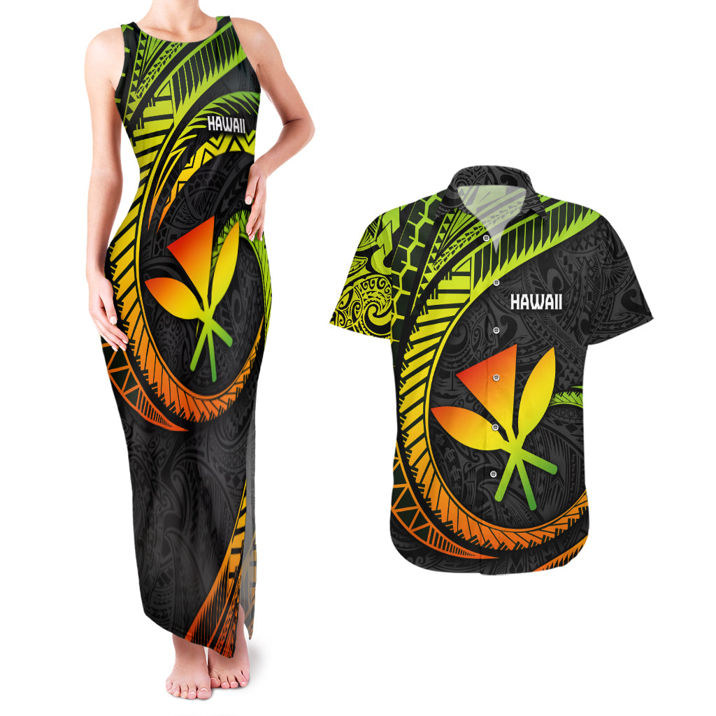 Hawaii Kanaka Maoli Couples Matching Tank Maxi Dress and Hawaiian Shirt Polynesian Tornado Infusion Gradient TS04 Gradient - Polynesian Pride