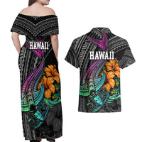 Hawaii Polynesian Couples Matching Off Shoulder Maxi Dress and Hawaiian Shirt with Tribal Hammerhead Sharks and Hibiscus Black TS04 - Polynesian Pride