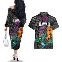 Hawaii Polynesian Couples Matching Off The Shoulder Long Sleeve Dress and Hawaiian Shirt with Tribal Hammerhead Sharks and Hibiscus Black TS04 - Polynesian Pride