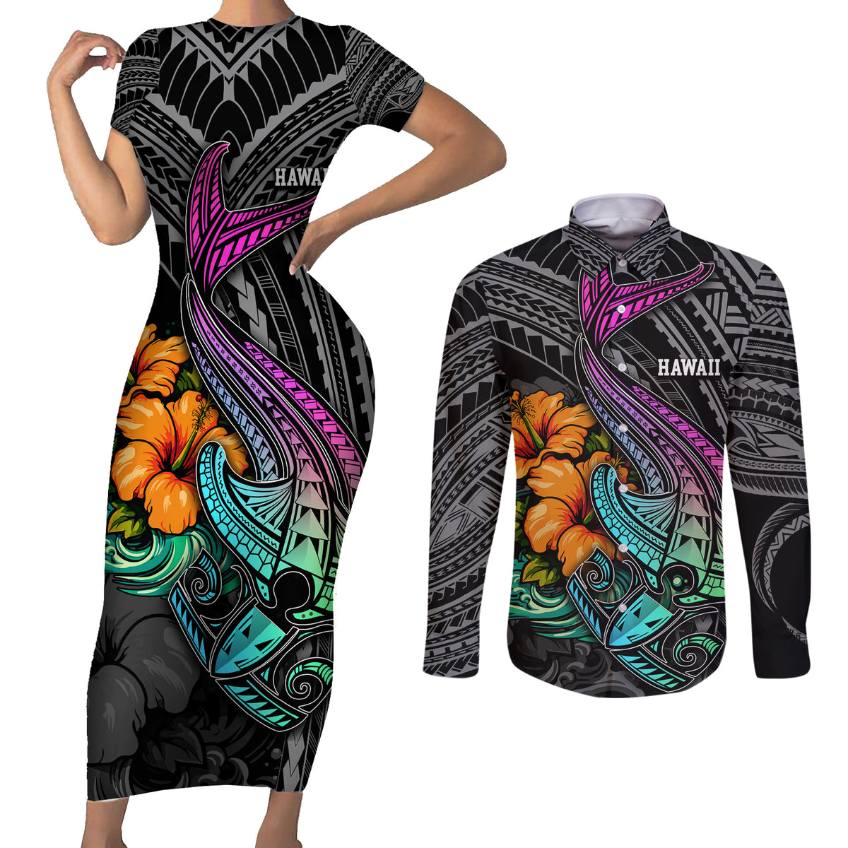 Hawaii Polynesian Couples Matching Short Sleeve Bodycon Dress and Long Sleeve Button Shirt with Tribal Hammerhead Sharks and Hibiscus Black TS04 Black - Polynesian Pride
