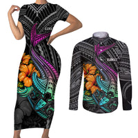 Hawaii Polynesian Couples Matching Short Sleeve Bodycon Dress and Long Sleeve Button Shirt with Tribal Hammerhead Sharks and Hibiscus Black TS04 Black - Polynesian Pride