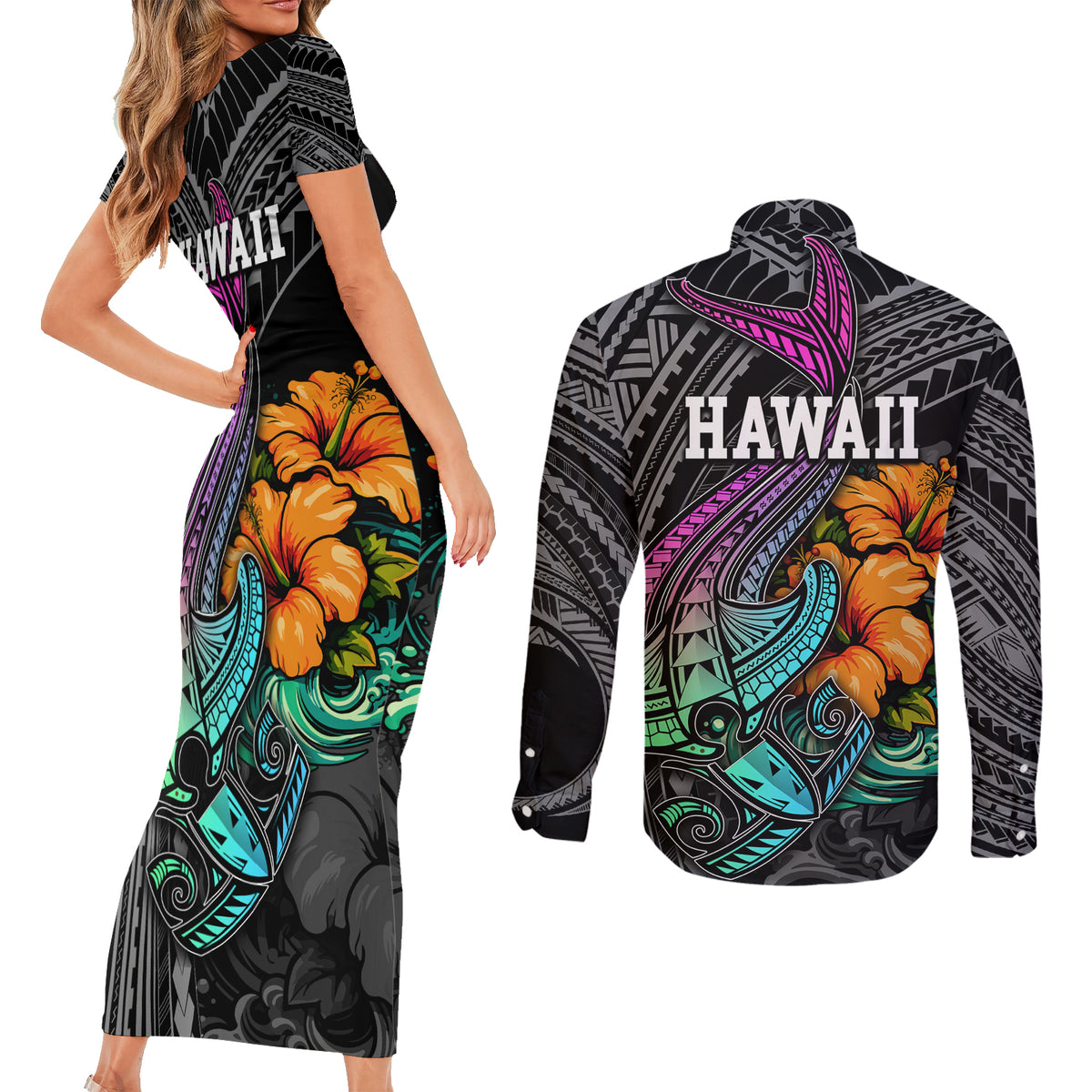 Hawaii Polynesian Couples Matching Short Sleeve Bodycon Dress and Long Sleeve Button Shirt with Tribal Hammerhead Sharks and Hibiscus Black TS04 - Polynesian Pride