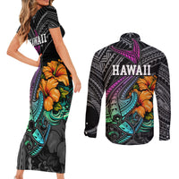 Hawaii Polynesian Couples Matching Short Sleeve Bodycon Dress and Long Sleeve Button Shirt with Tribal Hammerhead Sharks and Hibiscus Black TS04 - Polynesian Pride