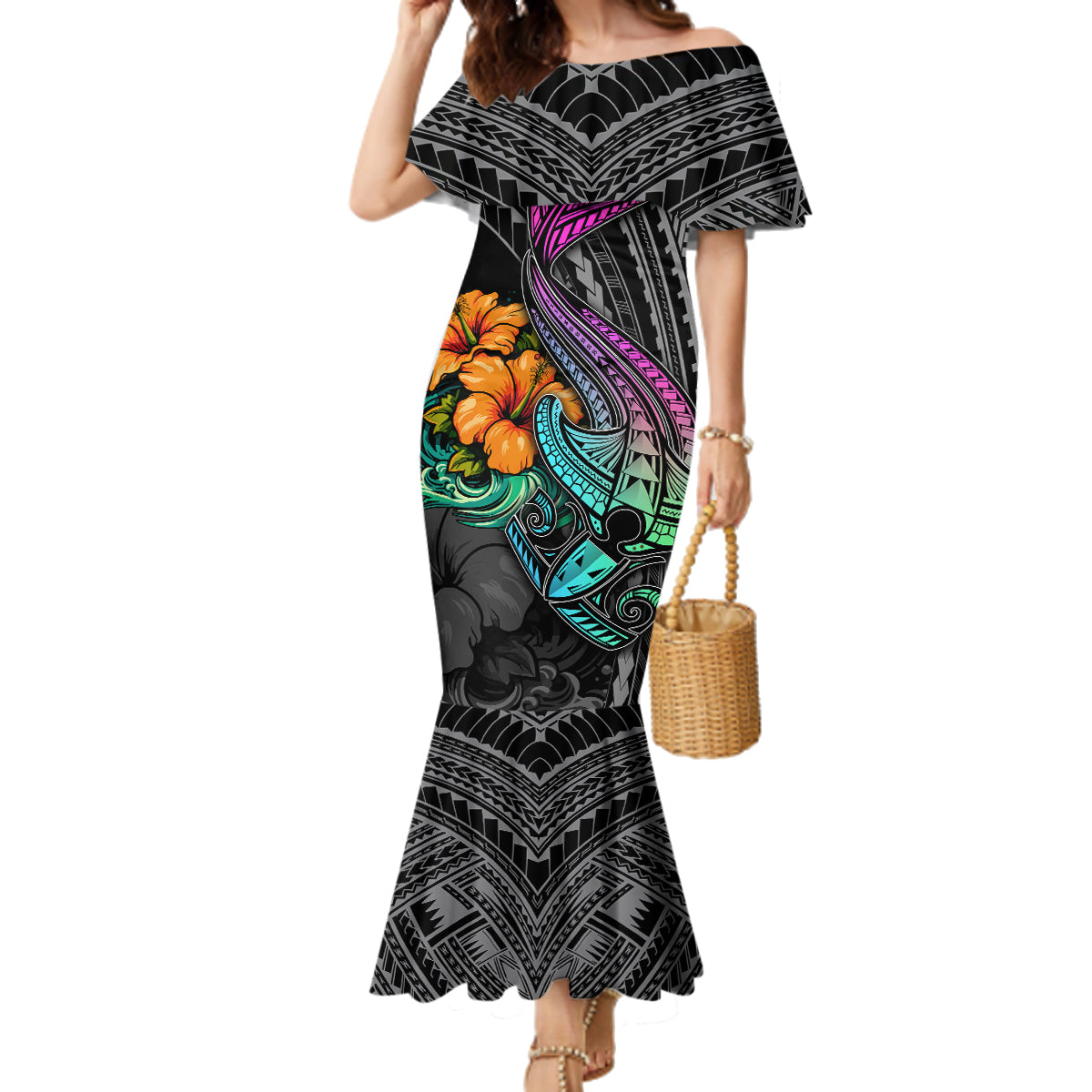 Hawaii Polynesian Family Matching Mermaid Dress and Hawaiian Shirt with Tribal Hammerhead Sharks and Hibiscus Black TS04 Mom's Dress Black - Polynesian Pride