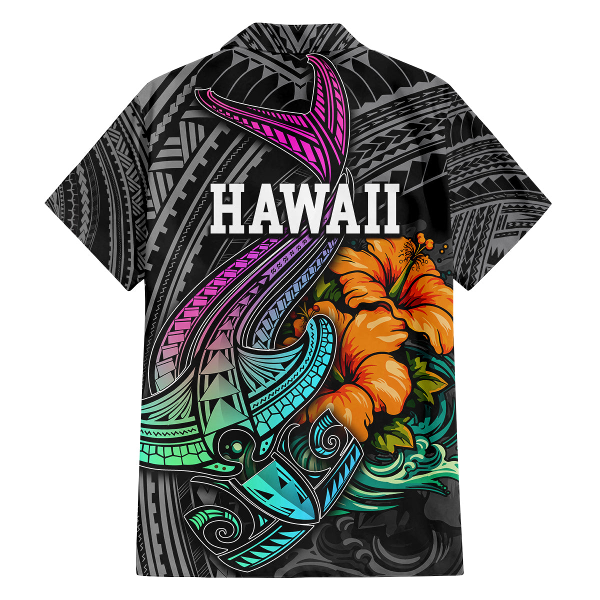 Hawaii Polynesian Family Matching Off Shoulder Long Sleeve Dress and Hawaiian Shirt with Tribal Hammerhead Sharks and Hibiscus Black TS04 - Polynesian Pride