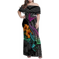 Hawaii Polynesian Family Matching Off Shoulder Maxi Dress and Hawaiian Shirt with Tribal Hammerhead Sharks and Hibiscus Black TS04 Mom's Dress Black - Polynesian Pride