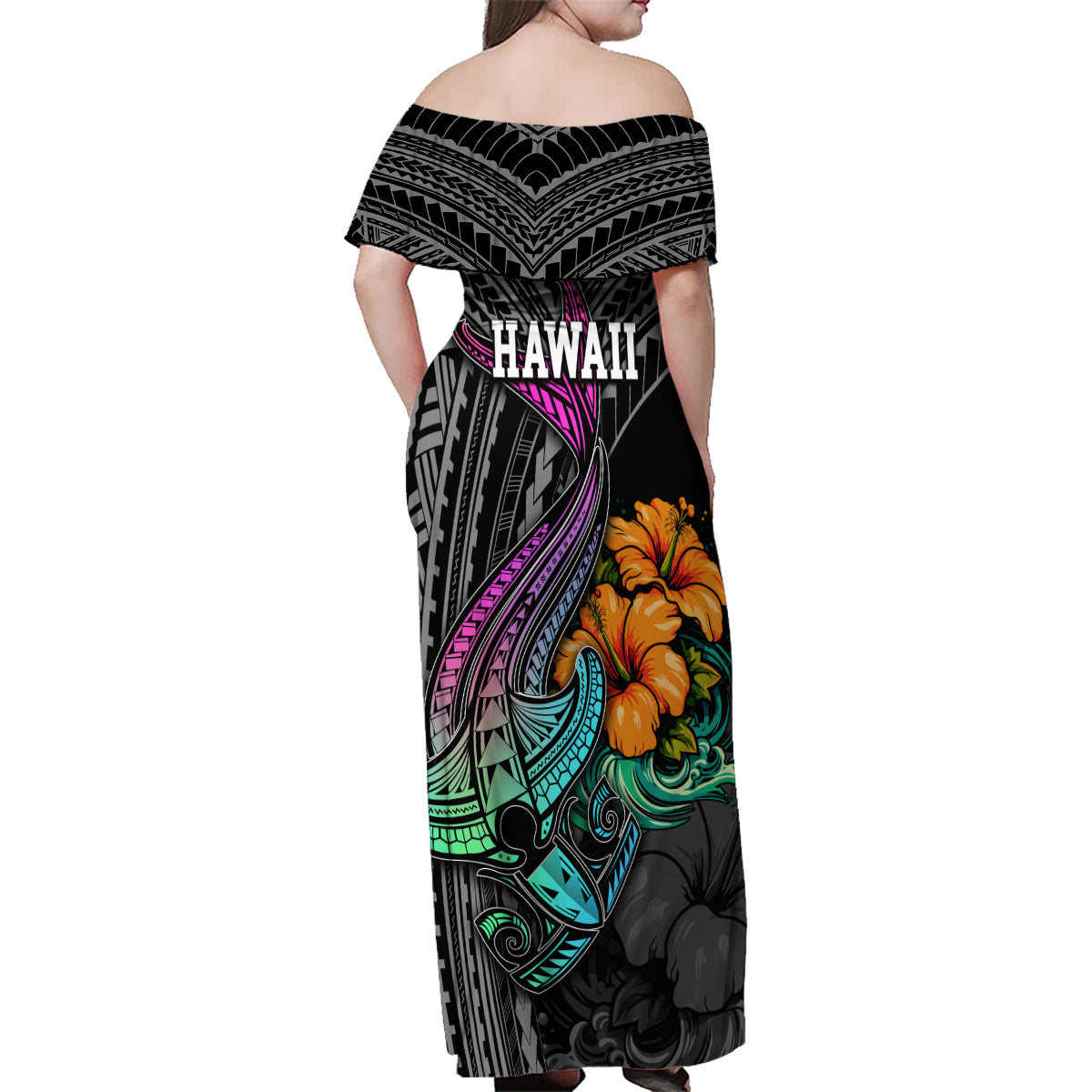 Hawaii Polynesian Family Matching Off Shoulder Maxi Dress and Hawaiian Shirt with Tribal Hammerhead Sharks and Hibiscus Black TS04 - Polynesian Pride