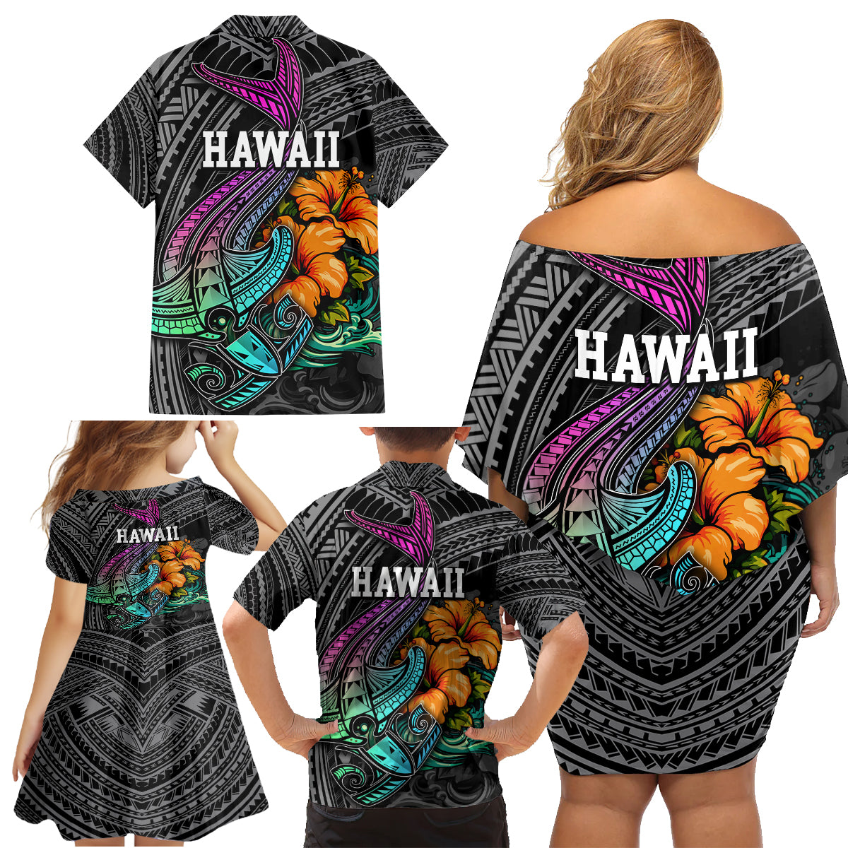 Hawaii Polynesian Family Matching Off Shoulder Short Dress and Hawaiian Shirt with Tribal Hammerhead Sharks and Hibiscus Black TS04 - Polynesian Pride