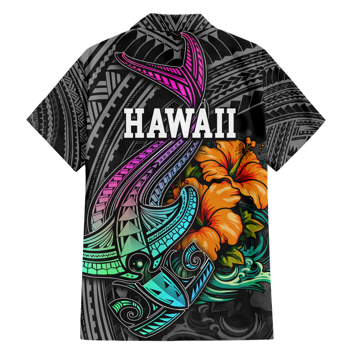 Hawaii Polynesian Family Matching Short Sleeve Bodycon Dress and Hawaiian Shirt with Tribal Hammerhead Sharks and Hibiscus Black TS04 - Polynesian Pride