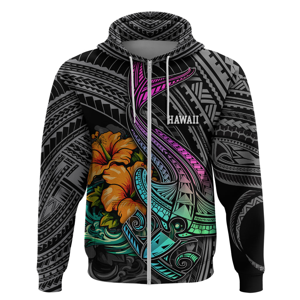 Hawaii Polynesian Hoodie with Tribal Hammerhead Sharks and Hibiscus Black TS04 Zip Hoodie Black - Polynesian Pride