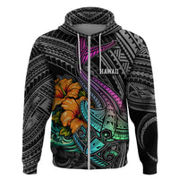 Hawaii Polynesian Hoodie with Tribal Hammerhead Sharks and Hibiscus Black TS04 Zip Hoodie Black - Polynesian Pride