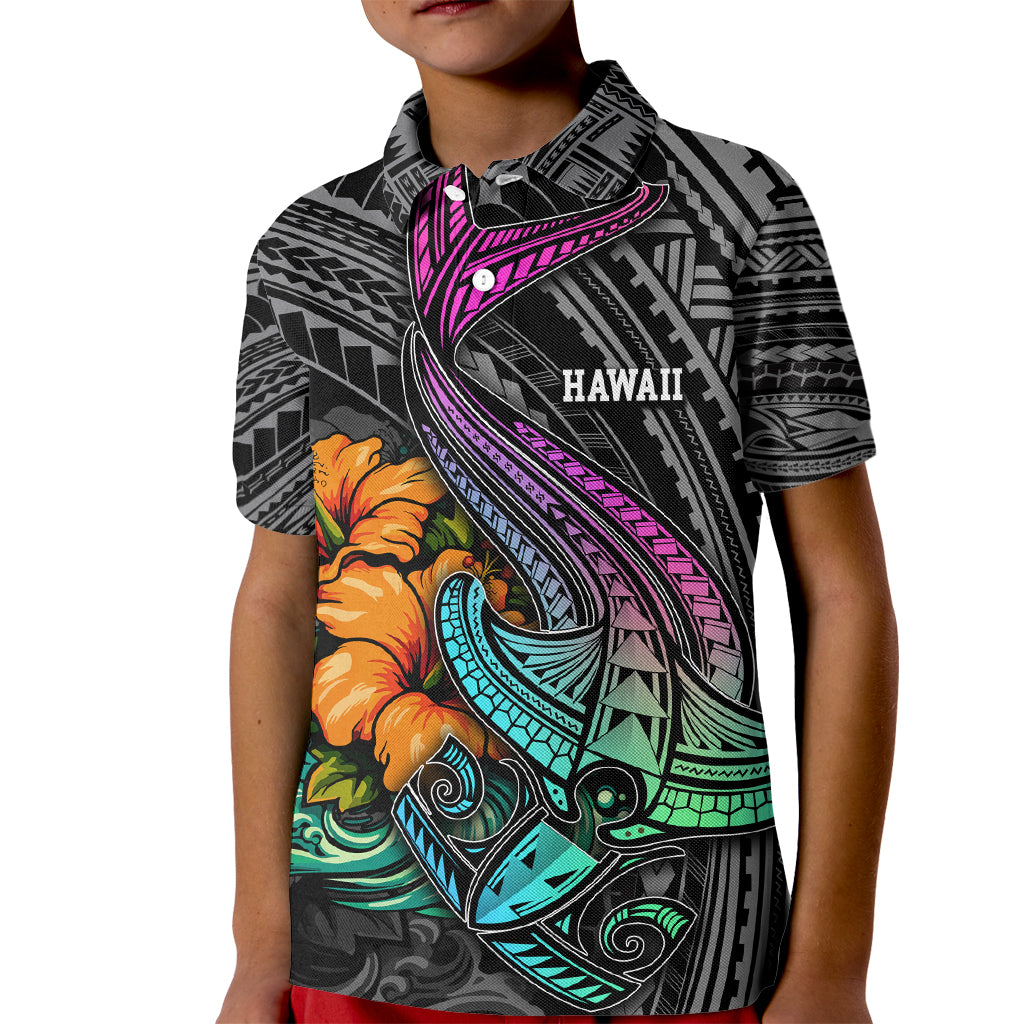 Hawaii Polynesian Kid Polo Shirt with Tribal Hammerhead Sharks and Hibiscus Black TS04 Kid Black - Polynesian Pride