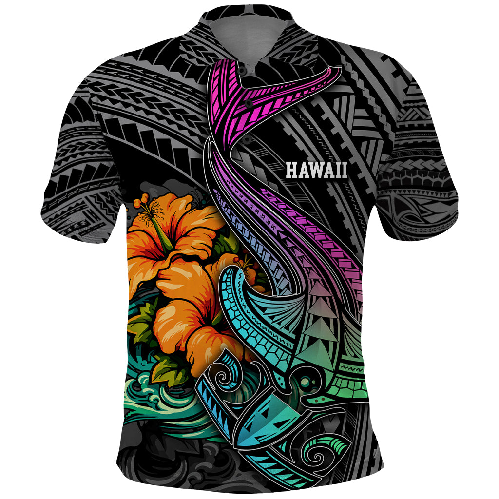 Hawaii Polynesian Polo Shirt with Tribal Hammerhead Sharks and Hibiscus Black TS04 Black - Polynesian Pride