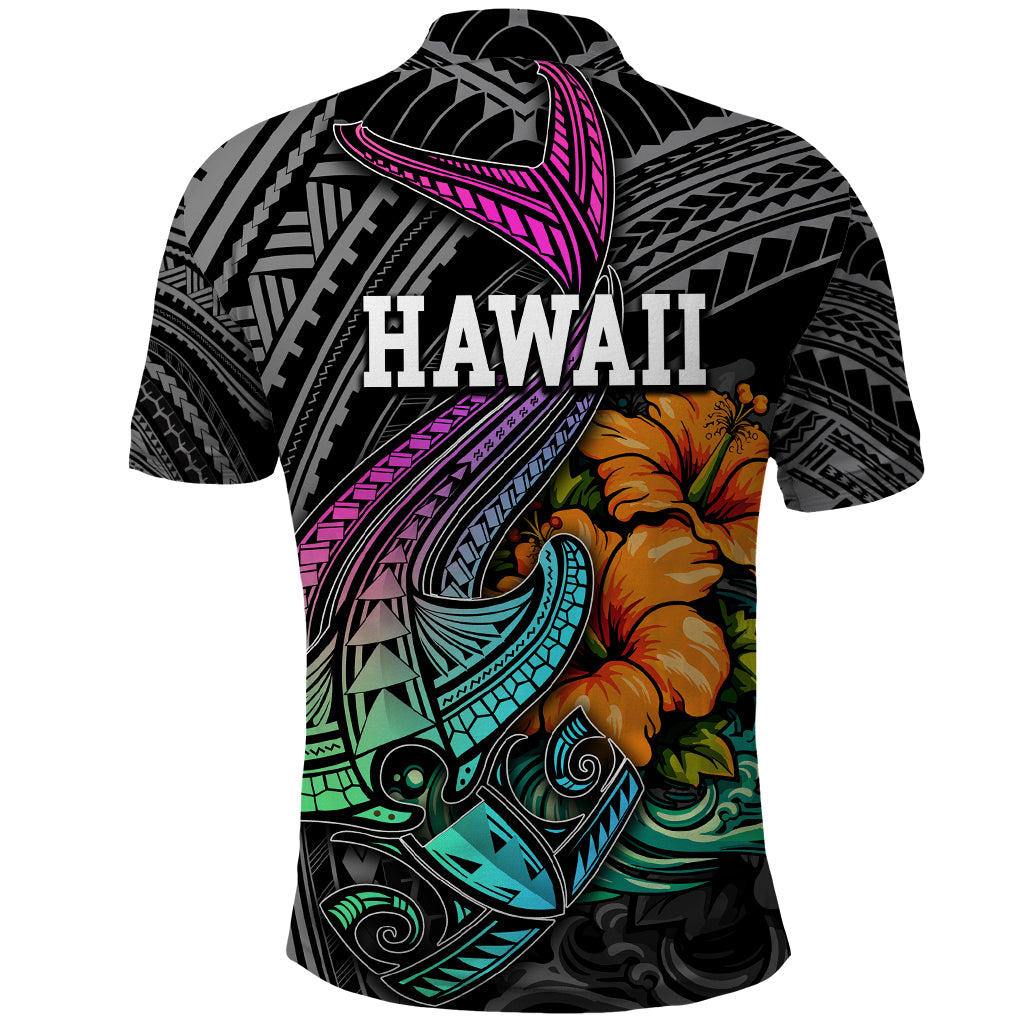 Hawaii Polynesian Polo Shirt with Tribal Hammerhead Sharks and Hibiscus Black TS04 - Polynesian Pride