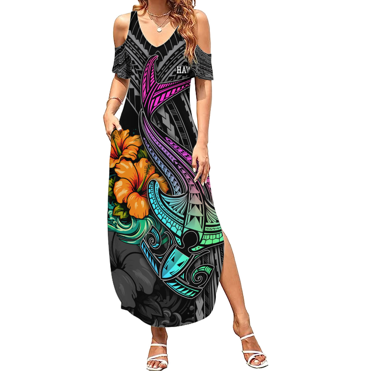 Hawaii Polynesian Summer Maxi Dress with Tribal Hammerhead Sharks and Hibiscus Black TS04 Women Black - Polynesian Pride