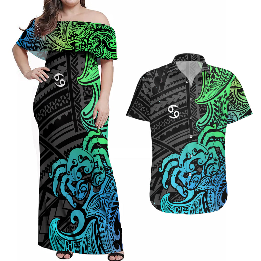 Zodiac Cancer Couples Matching Off Shoulder Maxi Dress and Hawaiian Shirt Polynesian in Gradient Blue TS04 Gradient Blue - Polynesian Pride