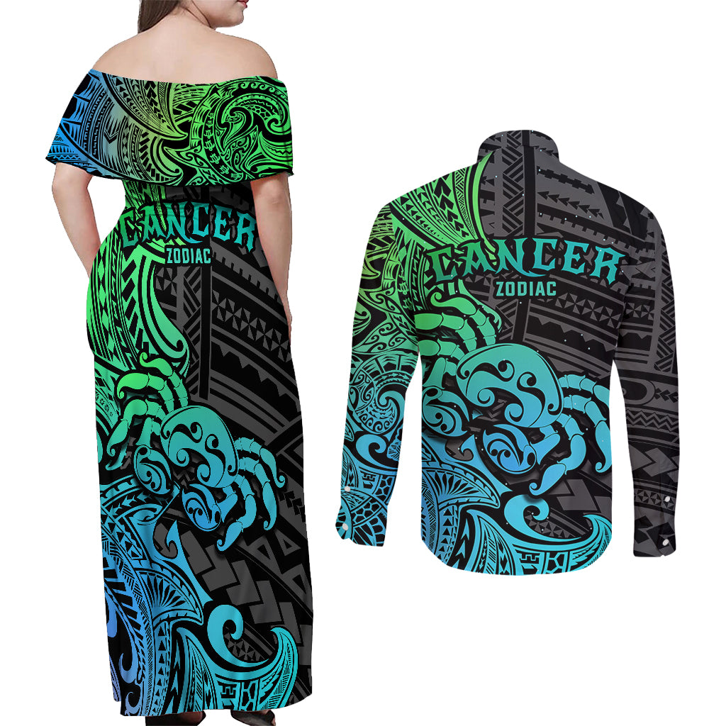 Zodiac Cancer Couples Matching Off Shoulder Maxi Dress and Long Sleeve Button Shirts Polynesian in Gradient Blue TS04 - Polynesian Pride