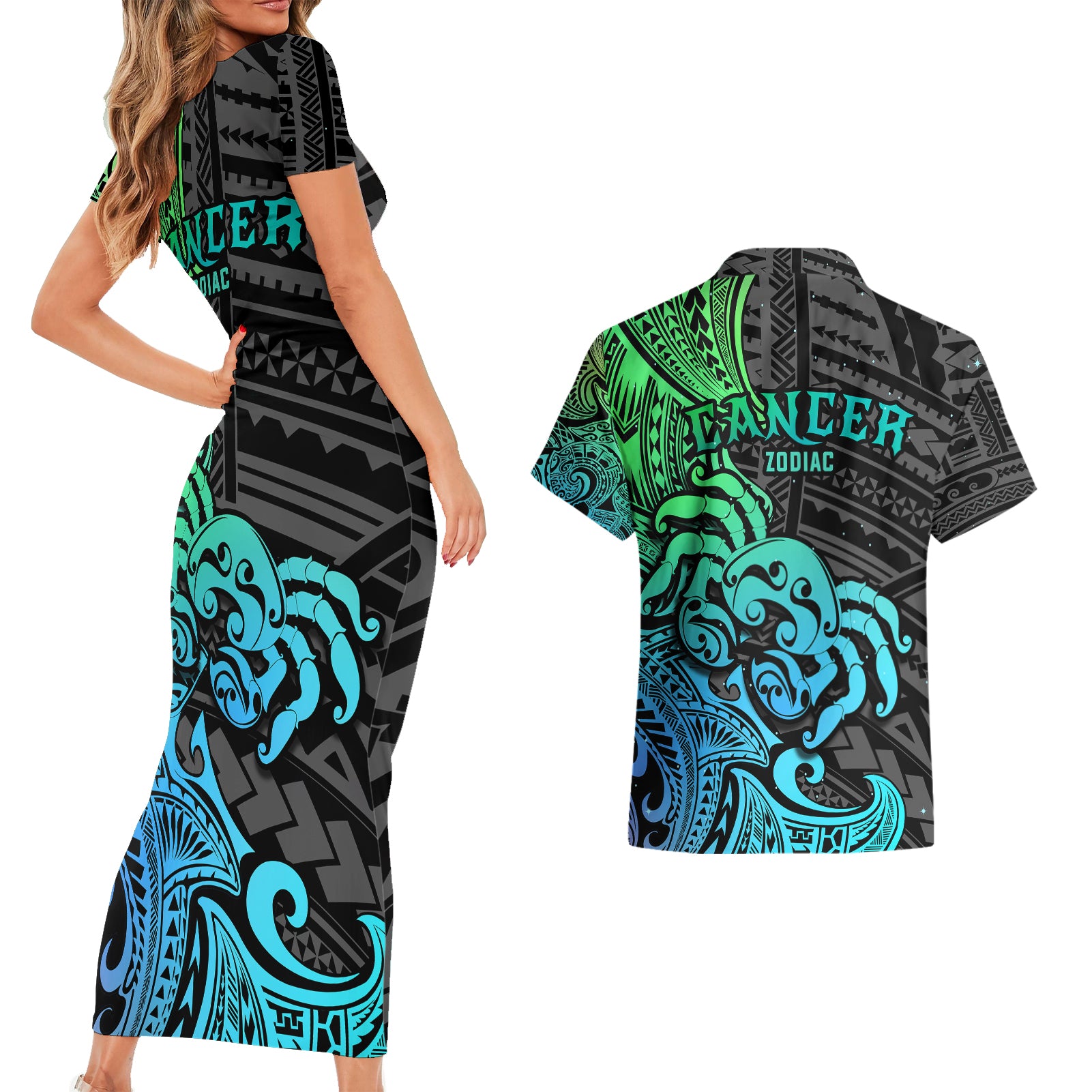 Zodiac Cancer Couples Matching Short Sleeve Bodycon Dress and Hawaiian Shirt Polynesian in Gradient Blue TS04 - Polynesian Pride