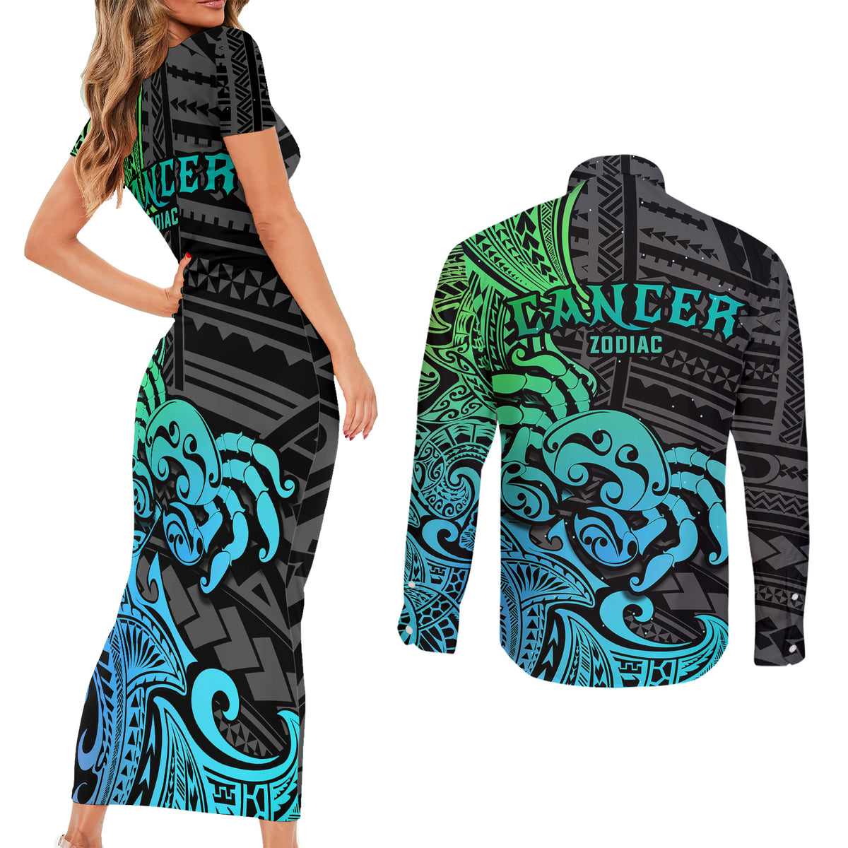 Zodiac Cancer Couples Matching Short Sleeve Bodycon Dress and Long Sleeve Button Shirts Polynesian in Gradient Blue TS04 - Polynesian Pride
