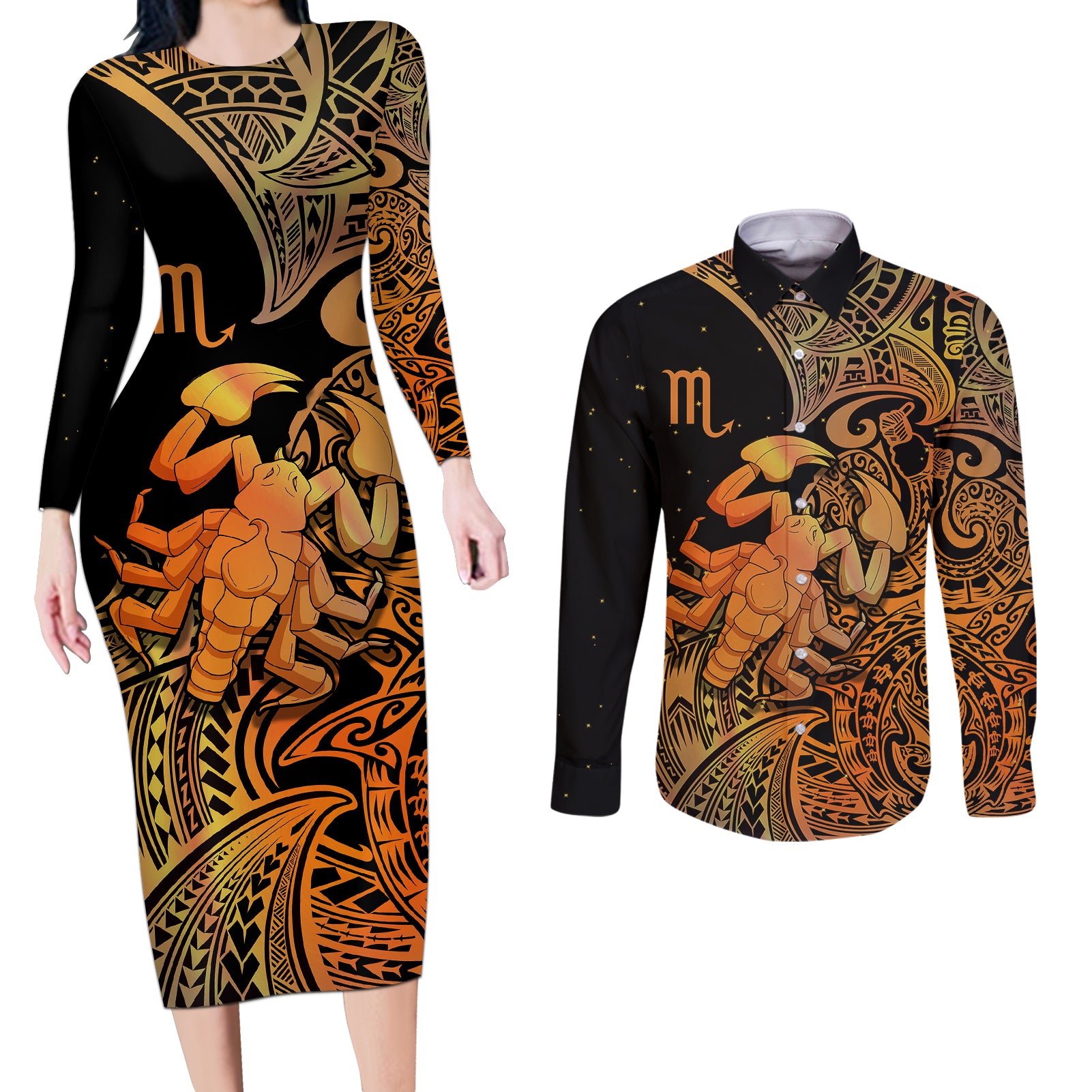 Zodiac Scorpio Couples Matching Long Sleeve Bodycon Dress and Long Sleeve Button Shirts Polynesian in Orange TS04 Orange - Polynesian Pride