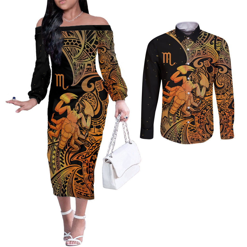 Zodiac Scorpio Couples Matching Off The Shoulder Long Sleeve Dress and Long Sleeve Button Shirts Polynesian in Orange TS04 Orange - Polynesian Pride