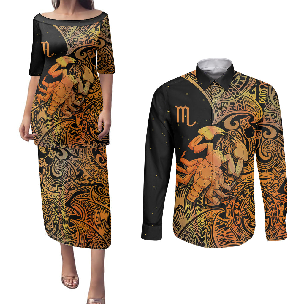 Zodiac Scorpio Couples Matching Puletasi Dress and Long Sleeve Button Shirts Polynesian in Orange TS04 Orange - Polynesian Pride