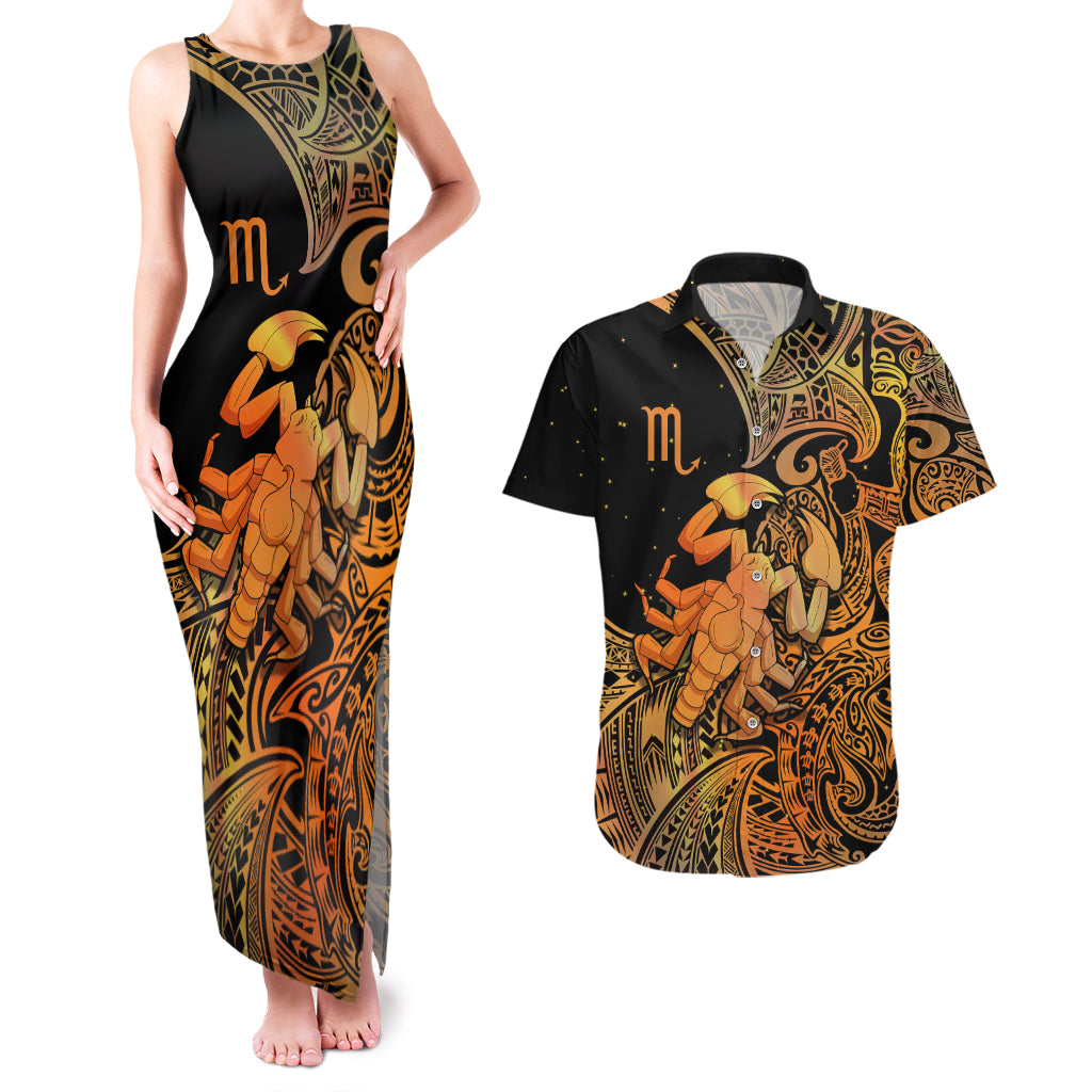 Zodiac Scorpio Couples Matching Tank Maxi Dress and Hawaiian Shirt Polynesian in Orange TS04 Orange - Polynesian Pride